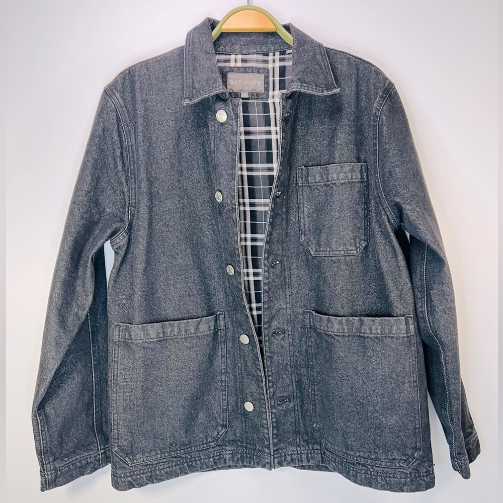 Slate & Stone Black Jean Denim Jacket with Plaid Lining Size Medium
